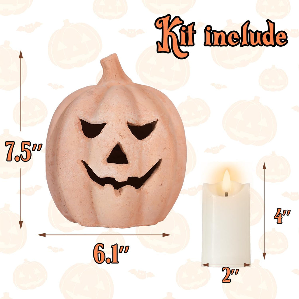 Fall Decor - Halloween Decorations - Handmade Terracotta Pumpkin Jack O' Lantern with Flameless Candle - Vintage