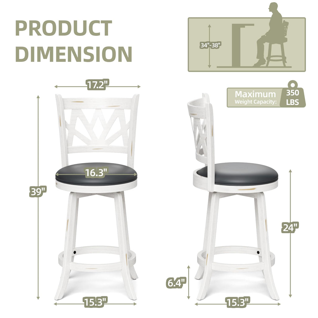 Bar Stools Set of 2, Farmhouse 24" Counter Height Barstools, White