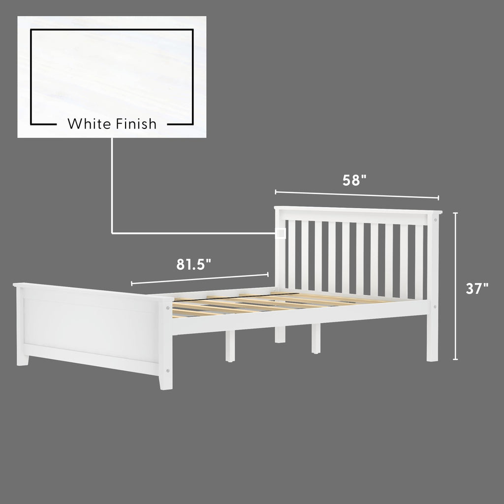 Solid Wood Bed Frame, Platform Bed with Headboard, White