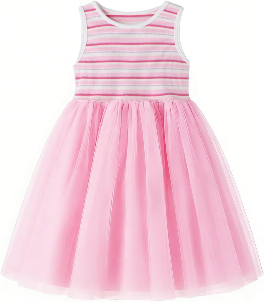 Girls Tulle Dress Cotton Sleeveless Ribbed Dress for Toddler