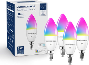 E12 Smart Light Bulbs 60W Equiv., Work with Alexa/Google Home/SmartLife, 500LM 6W RGBCW Candle Candelabra LED Bulbs