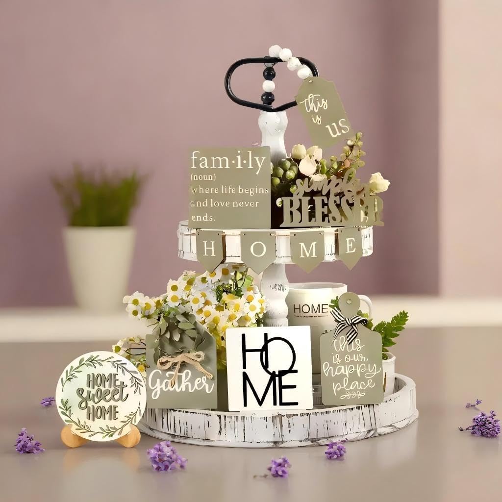 Farmhouse Tiered Tray Decor Set - Rustic Wooden Mini Signs and Decorations and Kitchen Display (Tiered Tray Not - Set of 11