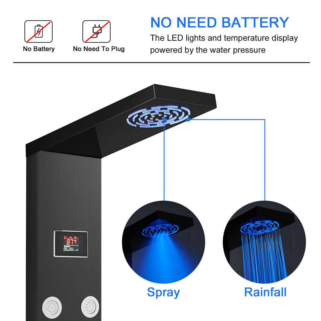Stainless Steel Shower Panel Tower System with LED lights Black