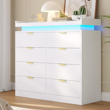 8 Drawer Dresser, White Dresser with LED Lights and Power Outlet, Large Wooden Dressers Modern Chest of Drawers