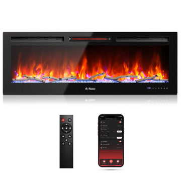 50" Smart WiFi Infrared Electric Fireplace with Sound Crackling and Realistic Flame, 1500W Quartz Heater, Recessed or