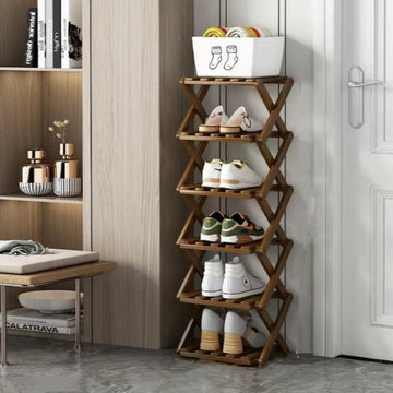 6 Tier Foldable Shoe Rack, Bamboo Vertical Shoe Organizer Tall for Multifunctional Narrow Shoe Shelf, Closet