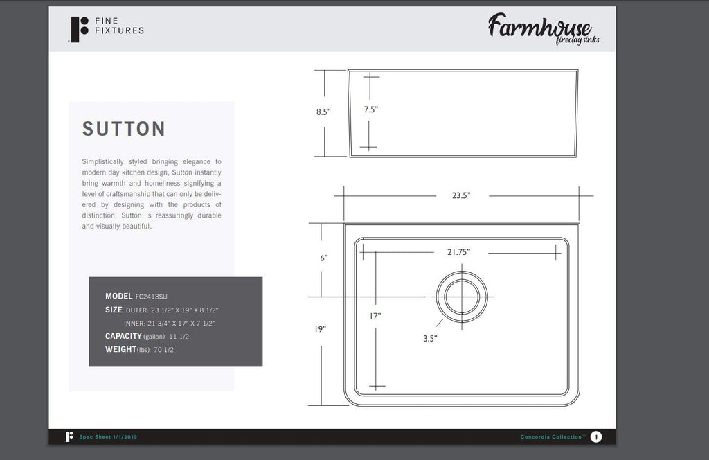 Sutton Fireclay sink, 24" Apron Front Farmhouse Kitchen Sink. Solid (Not Hollow)