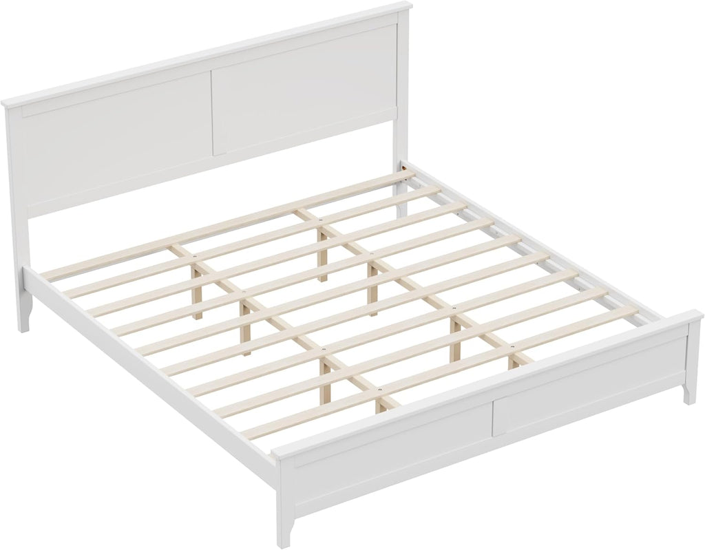 Modern Farmhouse Platform King Bed Frame, Solid Wood Platform Bed Frame with Headboard, Sturdy Wooden Foundation with