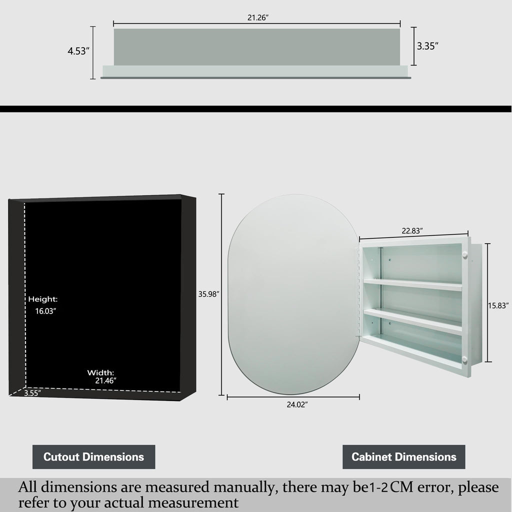 24 x 36 inch Bathroom Medicine Cabinet Frameless Oval Mirror Medicine cabinets with Mirror, Recessed or Surface