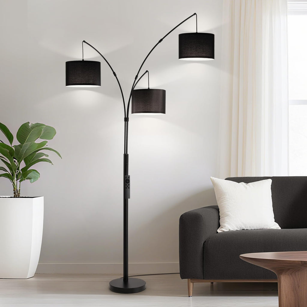 Floor lamp with Remote, 3 Light Arc Floor Lamps, Tall Standing Floor Lamps with Black Shades, 80" Large Floor