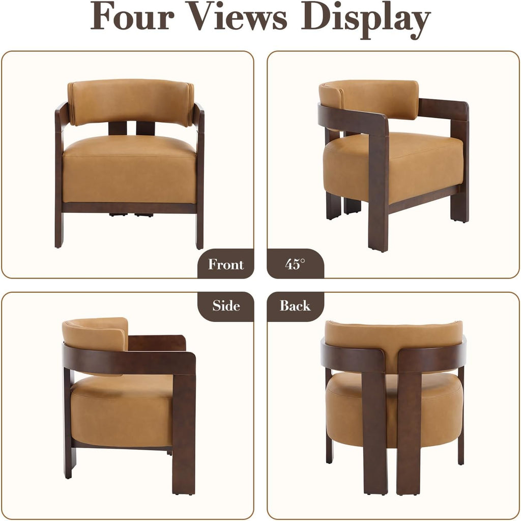 Modern Accent Chair, Upholstered Guest Chair Barrel Chairs PU Leather Side Chair with Wooden Legs Armrest - Set of 2