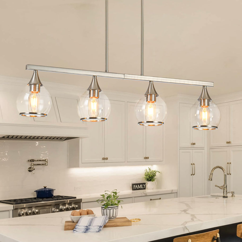 Island Light, 4-Light Brushed Nickel Island Pendant Lighting with Clear Round Glass Shades, Dining Table, Living