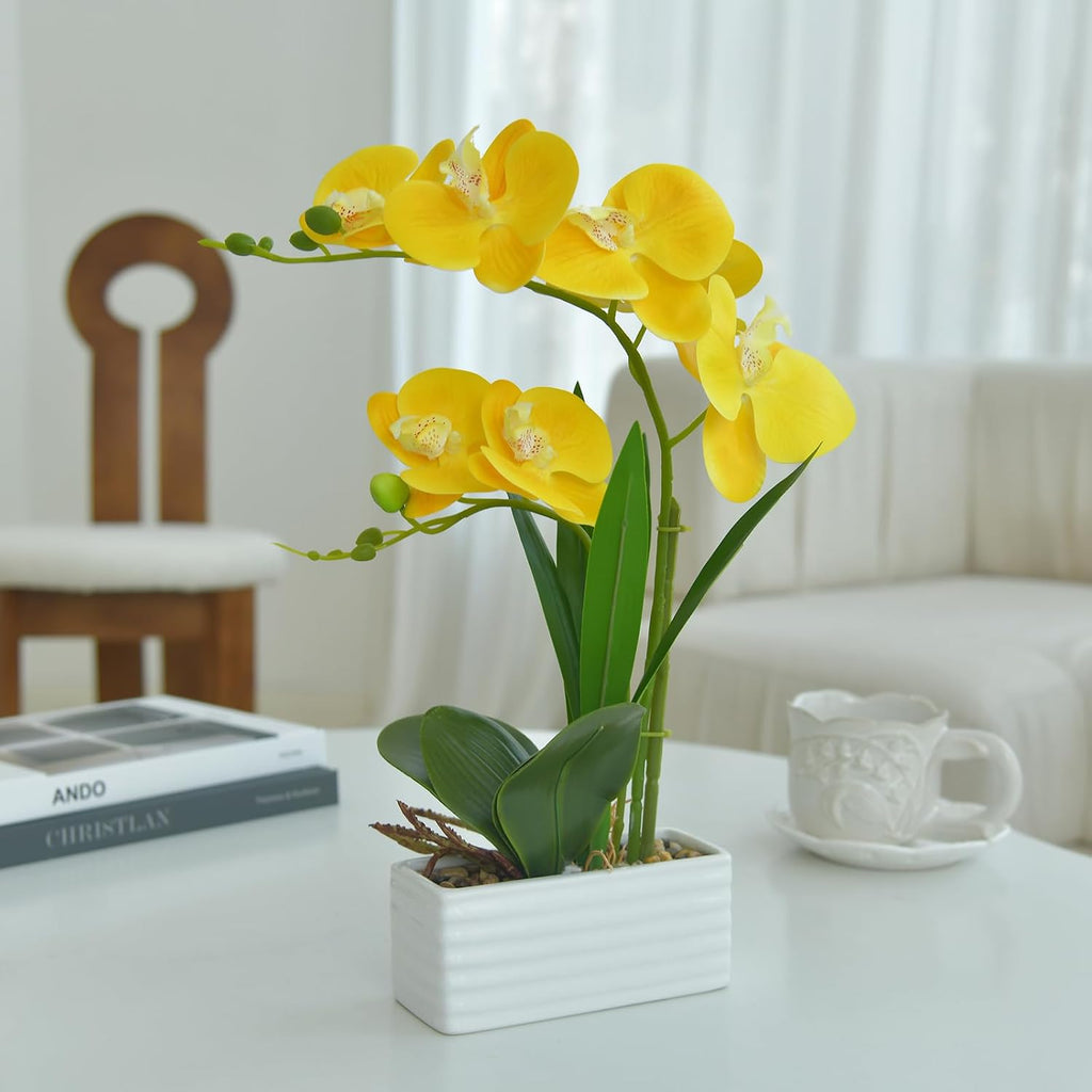 Artificial Real Touch Orchid Flowers with White Ceramic Vase, Yellow