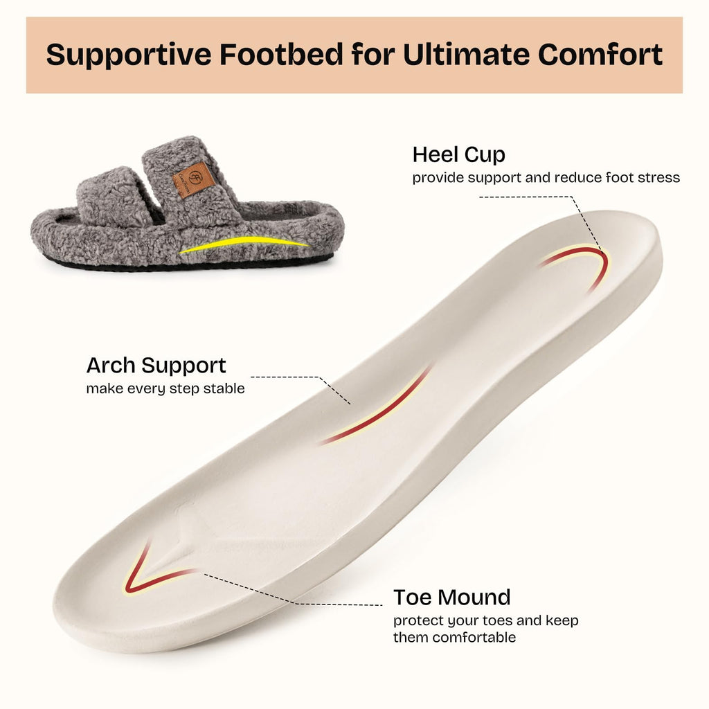Womens Fuzzy Open-toe Slippers Indoor Cool Gray, 7-8 US