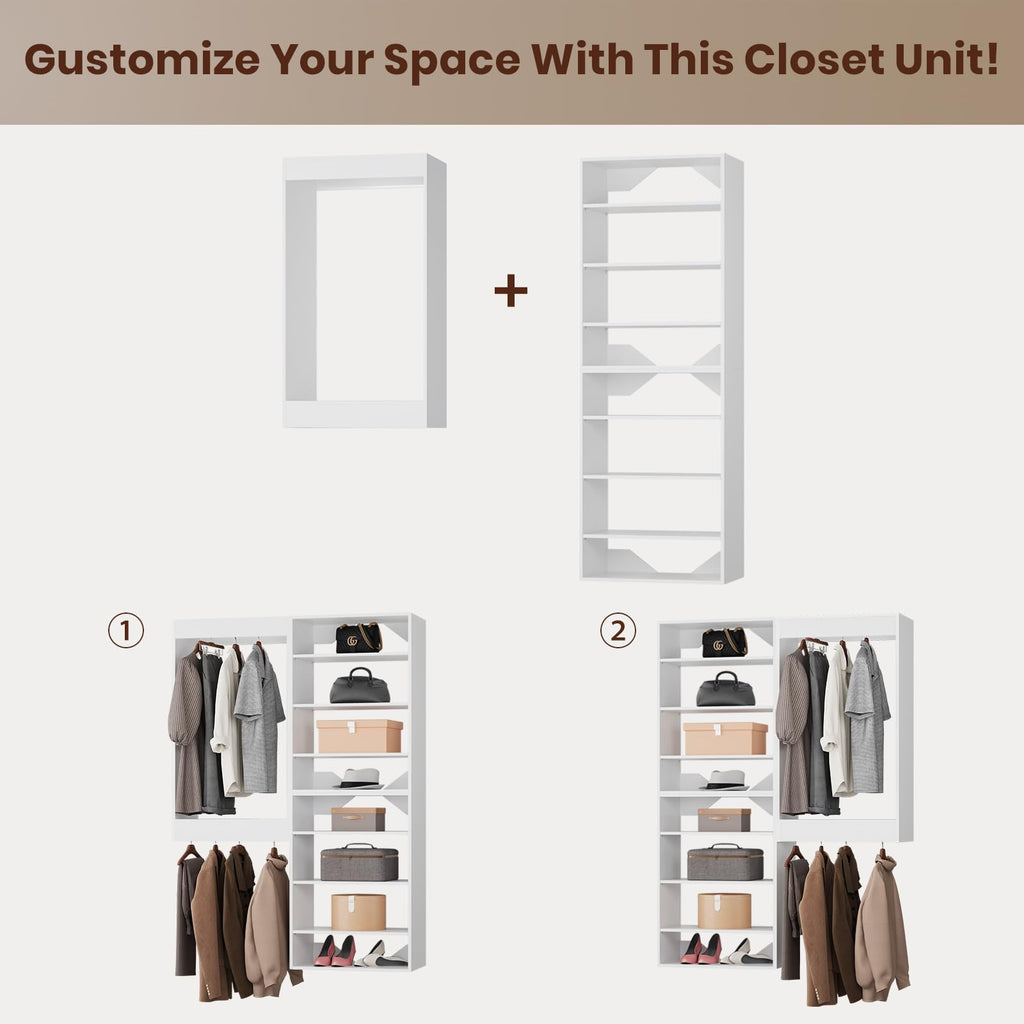 Modular Closet System, 52" Wall-Mounted Closet Organizer with Hanging Rods and Shelves, Wooden Tower for Walk-In