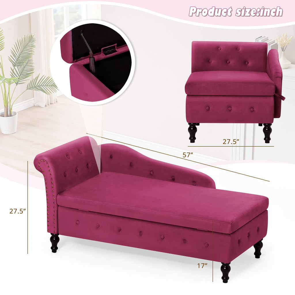 Velvet Chaise Lounge w/Left Armrest & Storage Space, Fuchsia