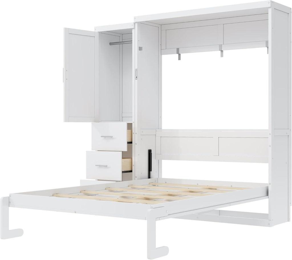 Full Murphy Bed with Wardrobe and Drawers, Space-Saving Wall Bed Frame with Storage Cabinet, Foldable Platform Bed