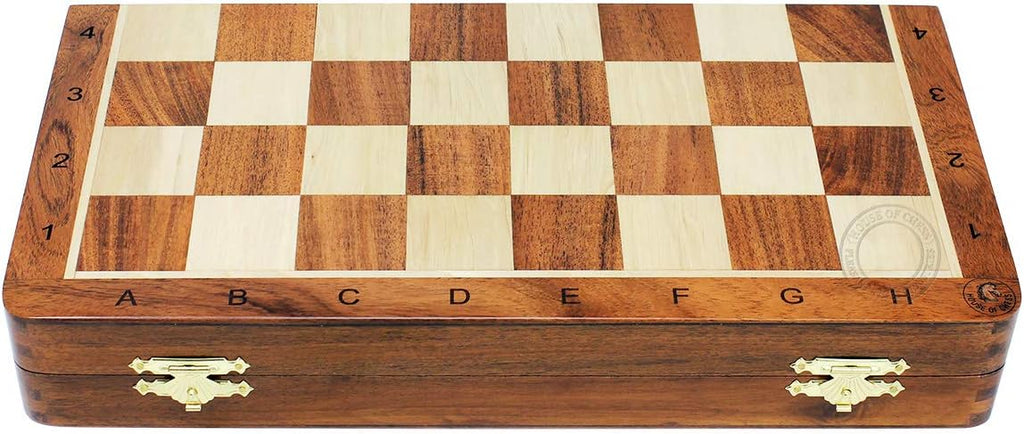 Victorian Staunton Golden Acacia Wood Chess Set - 14 x 14 Inches Wooden Folding Chess Board with Algebraic Notation