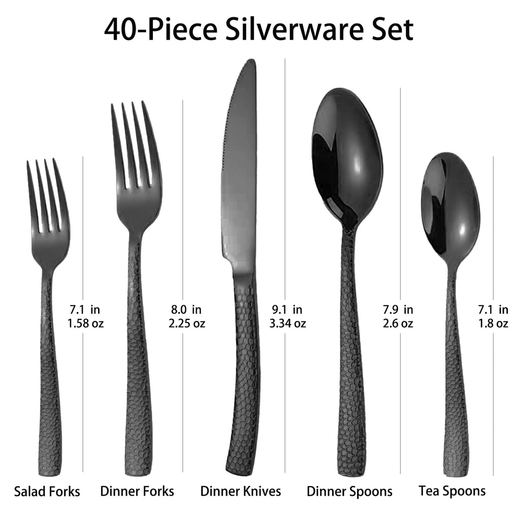 Hammered Black Silverware Set With Gift Box For 8 Cutlery Set Utensils Stainless Steel Flatware 40 Pieces Luxury