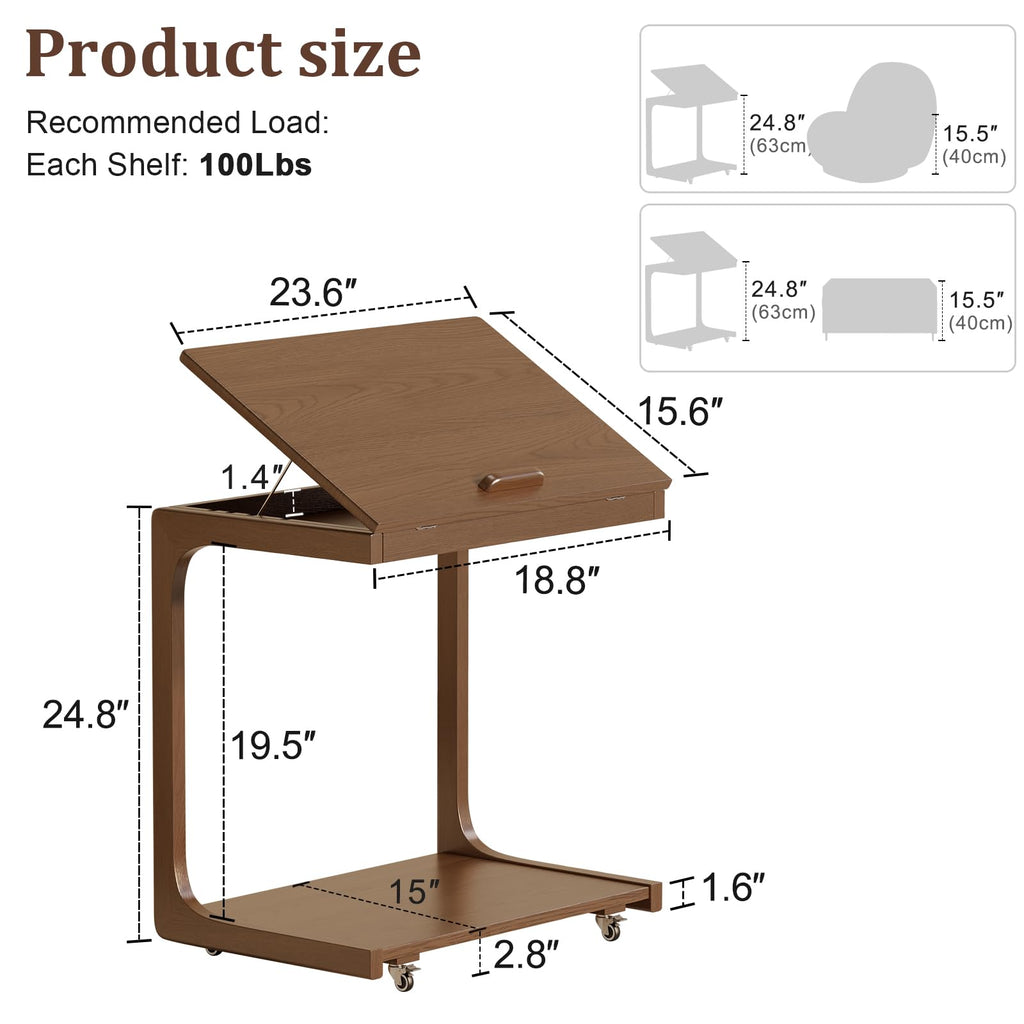 Wooden C-Shaped End Table, Couch Table with Adjustable Desktop, Small Rolling Side Table with 2 Lockable Wheels 23.6"