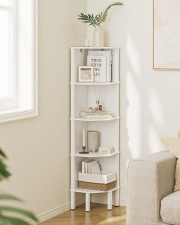 Corner Shelf, 5 Tier Corner Bookshelf, Display Corner Shelf Stand with Storage Rack, Wall Corner Bookshelf, White