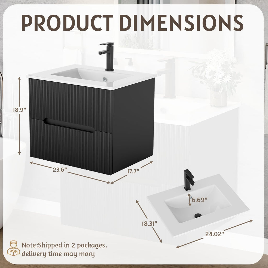 30" Floating Bathroom Vanity with Ceramic Sink - Wall Mounted Vanity Cabinet