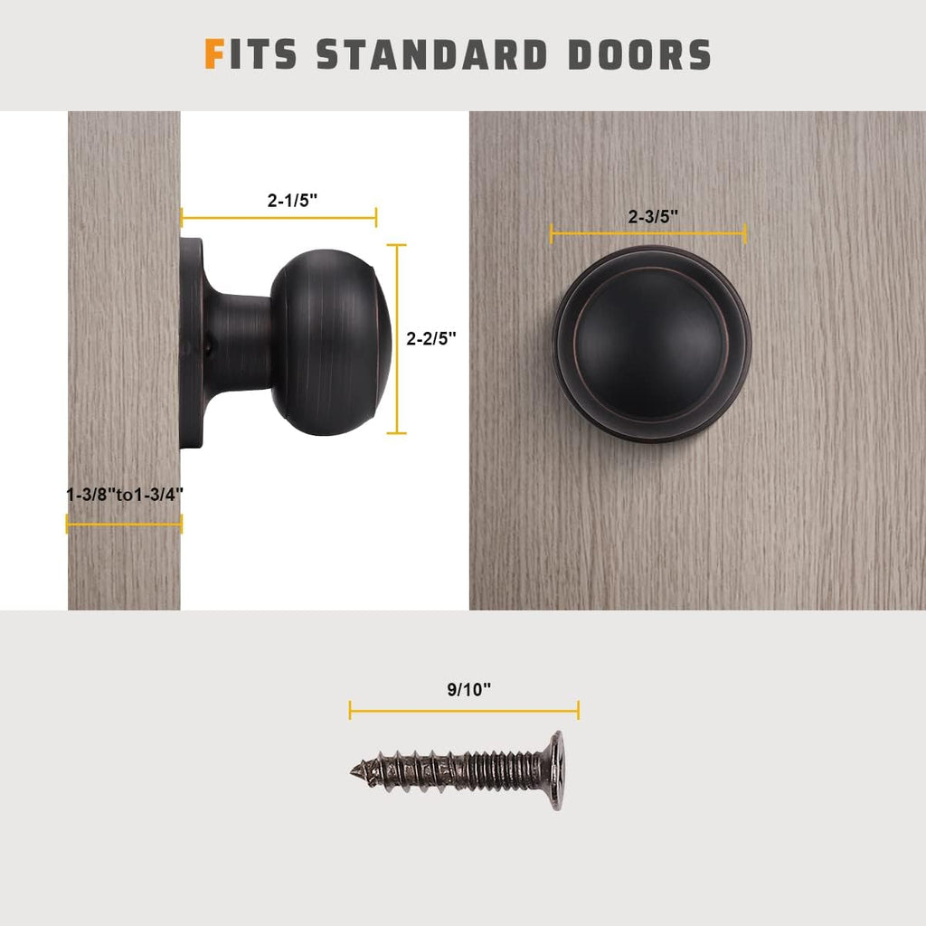 2 Pack Bronze Dummy Door Knob, Single Sided Handle for Closets, French Double Doors, and Pantry, Oil Rubbed Bronze