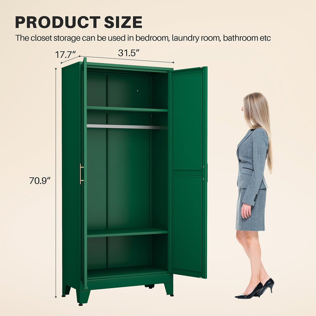 Metal Armoire Wardrobe Closet with 2 Mirror Doors, 71" Wardrobe Cabinet with Adjustable Shelves and Hanging Rod