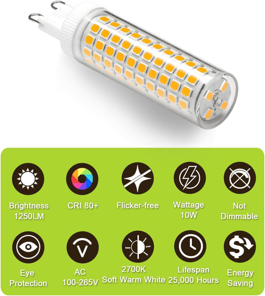 G9 LED Bulb 10W 1250LM Super Bright, 100W Halogen Bulb Equivalent, Flicker-Free AC100V-265V, Soft Warm White