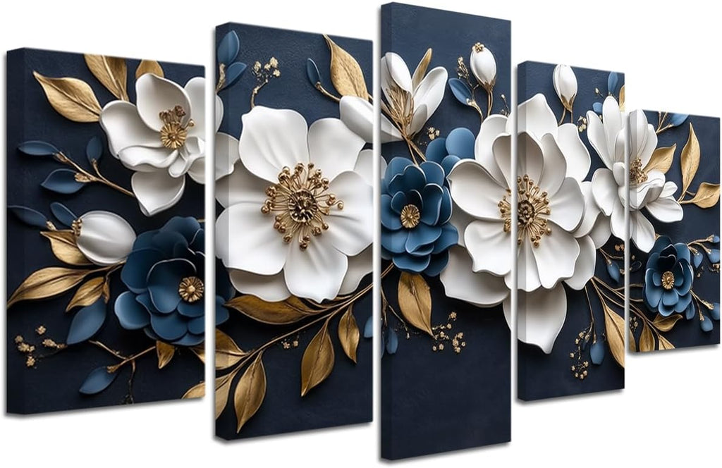 Luxury White and Gold Floral 3D Wall Art 5 Pieces Flower Picture Canvas Prints Abstract Elegant White Floral Painting