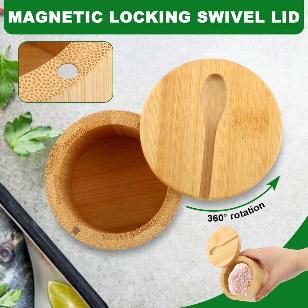 Bamboo Salt Cellar with Magnetic Swivel Lid & Spoon, Spice Box Bowl Storage Box Salt Container to Storage - Set of 2