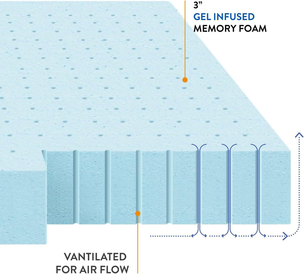 3 Inch Ventilated Memory Foam Mattress Topper, Cooling Gel Infusion, CertiPUR-US Certified, Dorm Essentials, Queen