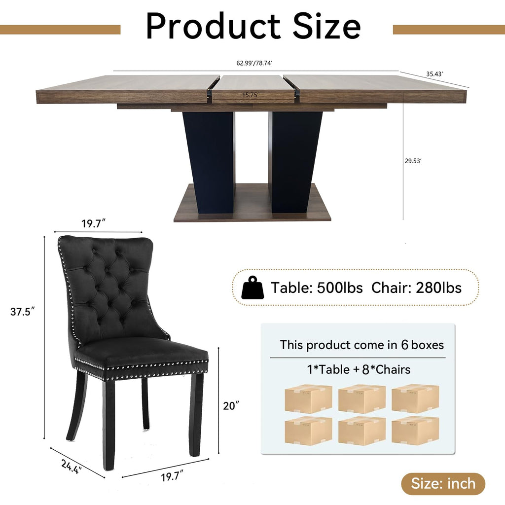 9-Piece Extendable Dining Table Set for 6-8 People 63-78 Inch Kitchen Table Set with 8 Velvet Upholstered Chairs