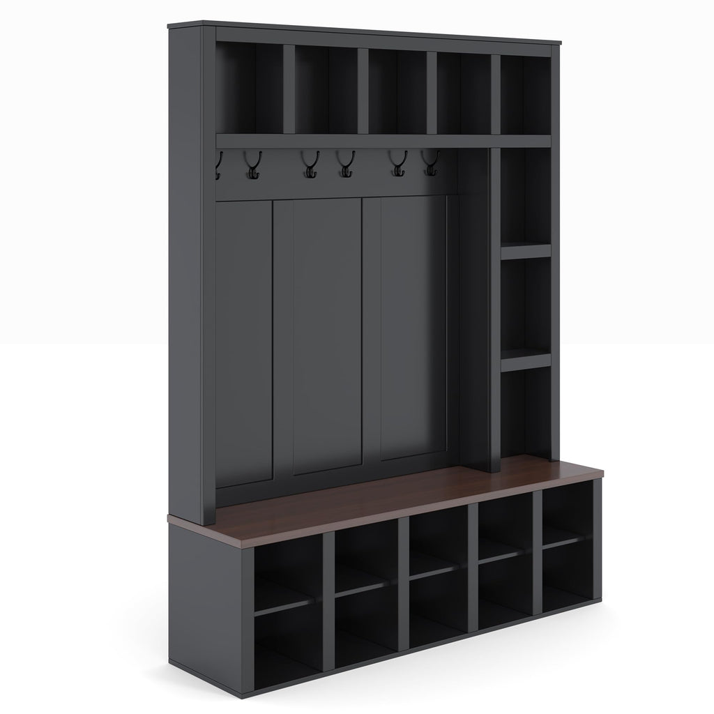 Hall Tree with Bench & Shoe Storage, Farmhouse Wood Coat Rack, Black