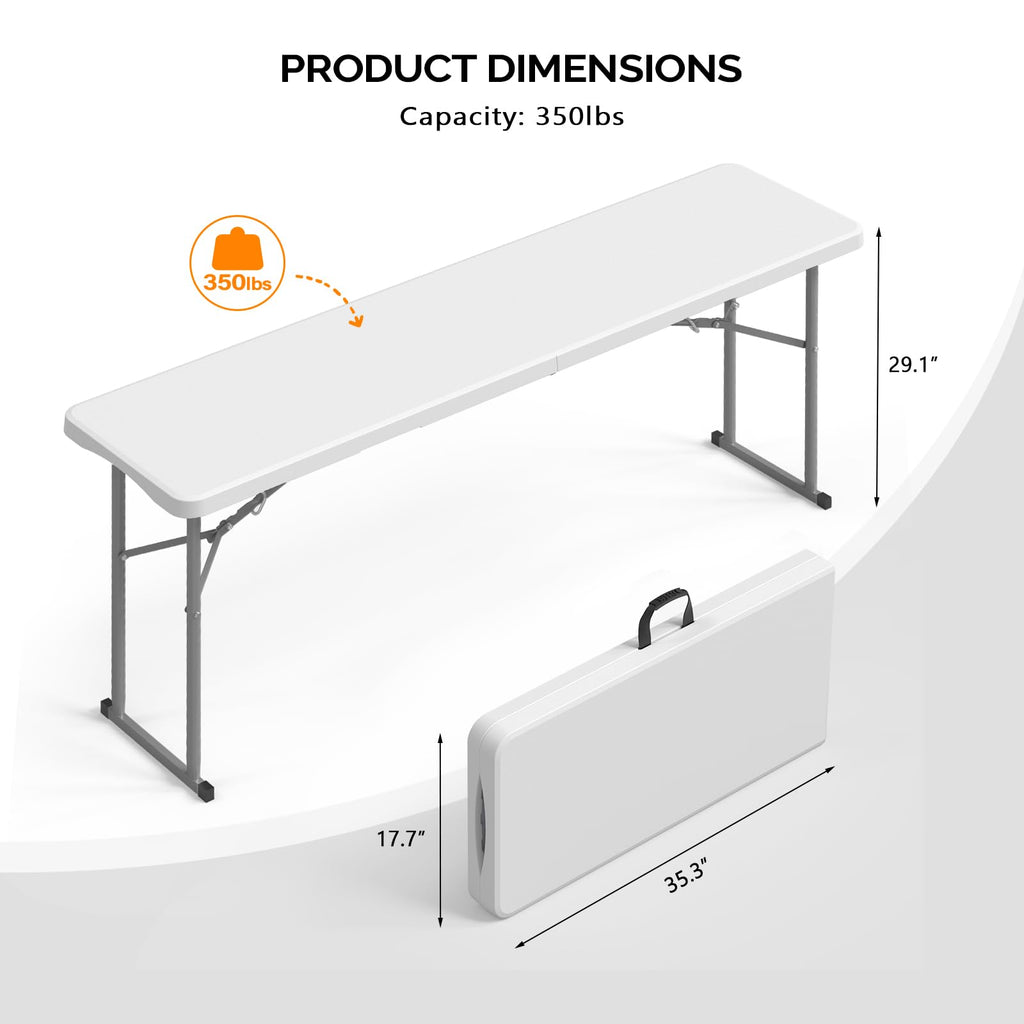 6 FT Narrow Folding Table, Tabletop Folded in Half, Premium Quality HDPE Material and Sturdy Metal Frame, Perfect for