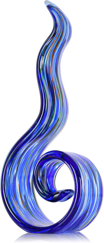 11.4in H Large Table Statue, Blue Hand Blown Glass Sculptures for Coastal Home Decor, Abstract Wave Statue