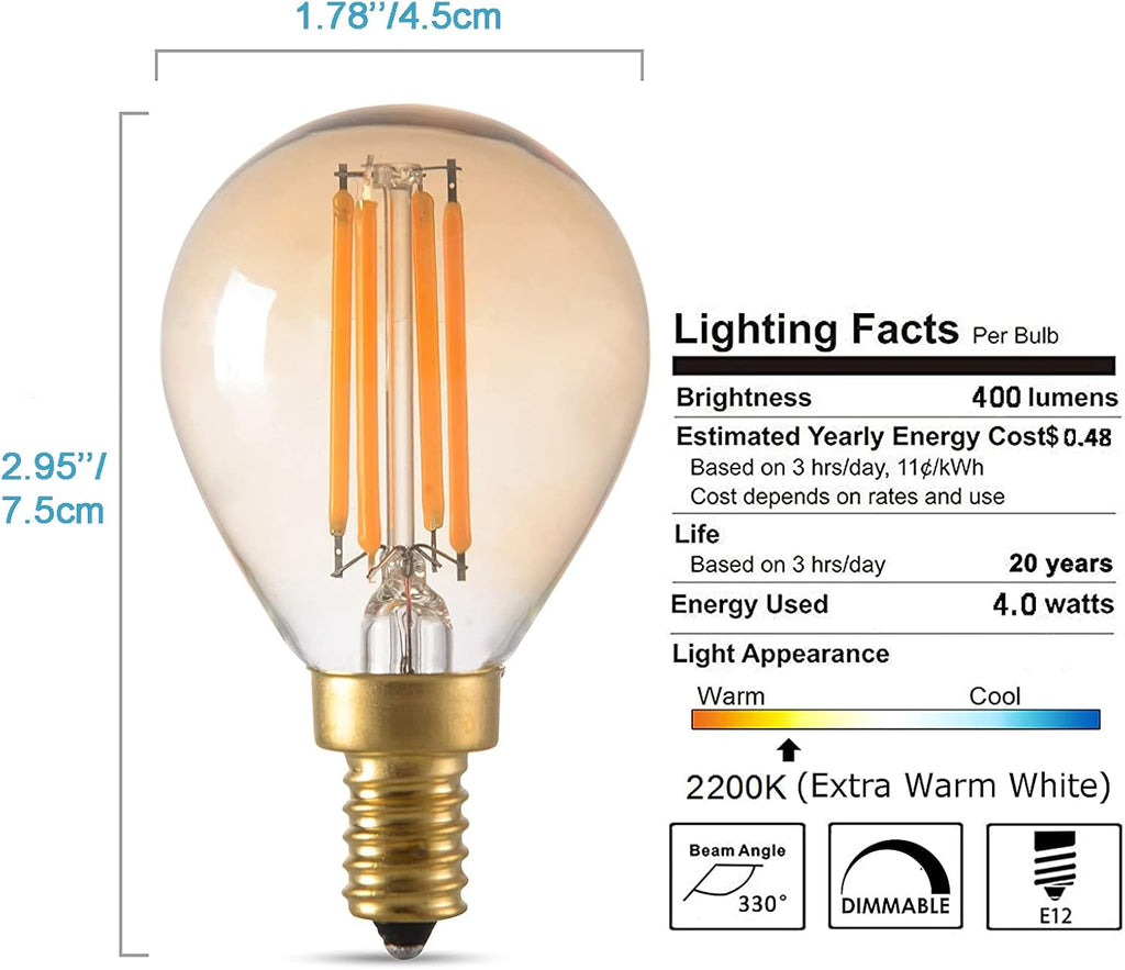 4W Vintage Edison LED Filament Candelabra Light Bulb, Dimmable, 2200K Ultra Warm White, E12 Base, G45/G14 Amber Glass