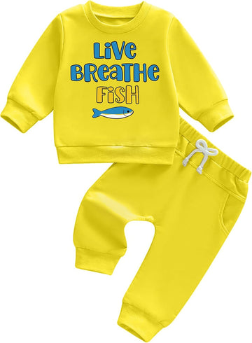 Toddler Baby Boys Casual Outfit Graphic Live Breathe Fish Long Sleeve Sweatshirt and Jogger Pants Piece Set