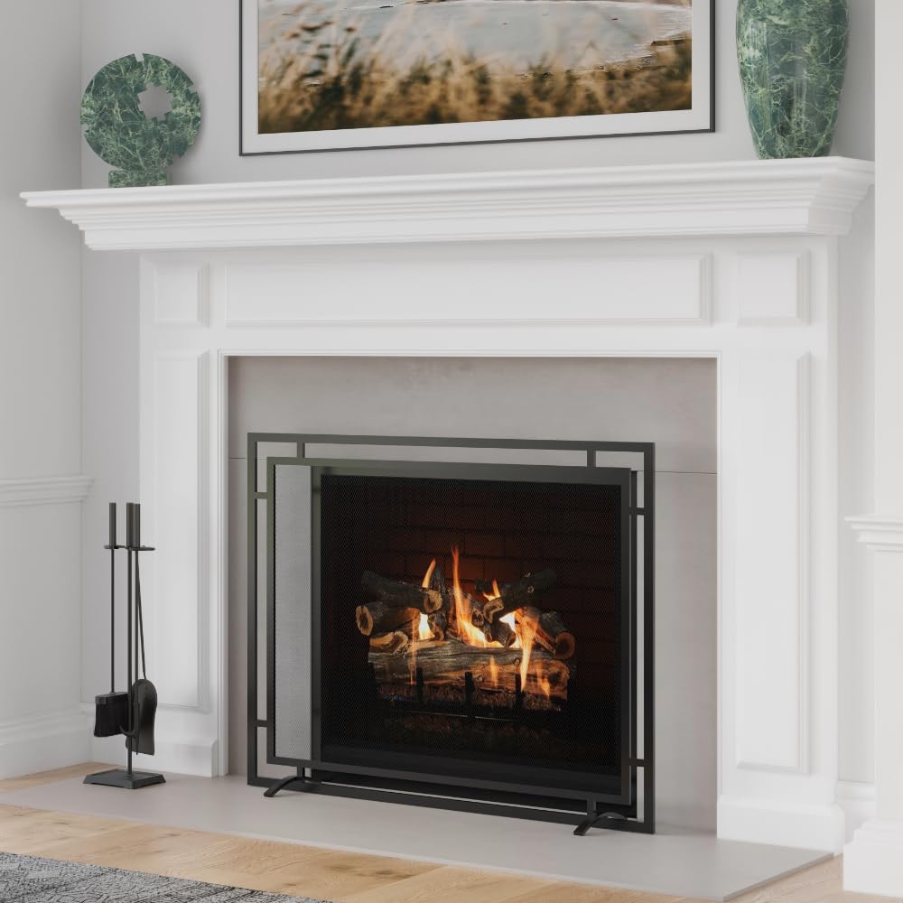 Gatsby Mesh Fireplace Screen in Black | Single Panel, Heavy-Duty Steel Frame with Powder-Coated Finish | Mesh Screen