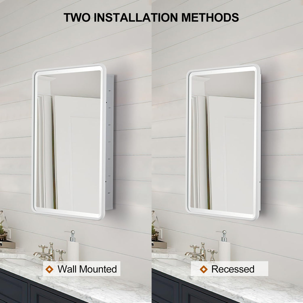 White Bathroom Medicine Cabinet with Mirror 16 x 24 Metal Frame Recessed Or Wall Mounted Single Door Storage Medicine