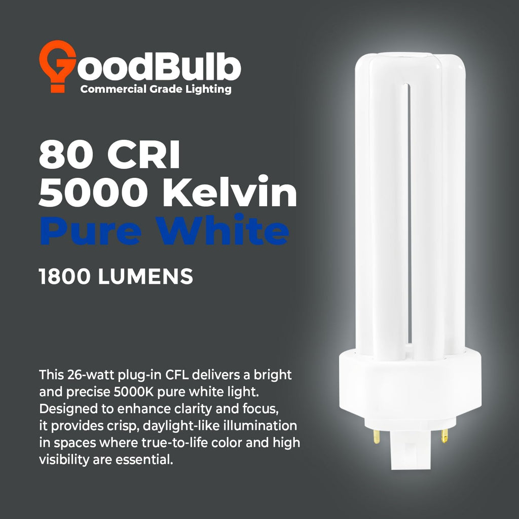 26 Watt CFL Light Bulbs 4 Pin GX24Q-3 Base 5000K Daylight 26W High Output 1800 Lumens Triple Tube Compact Fluorescent