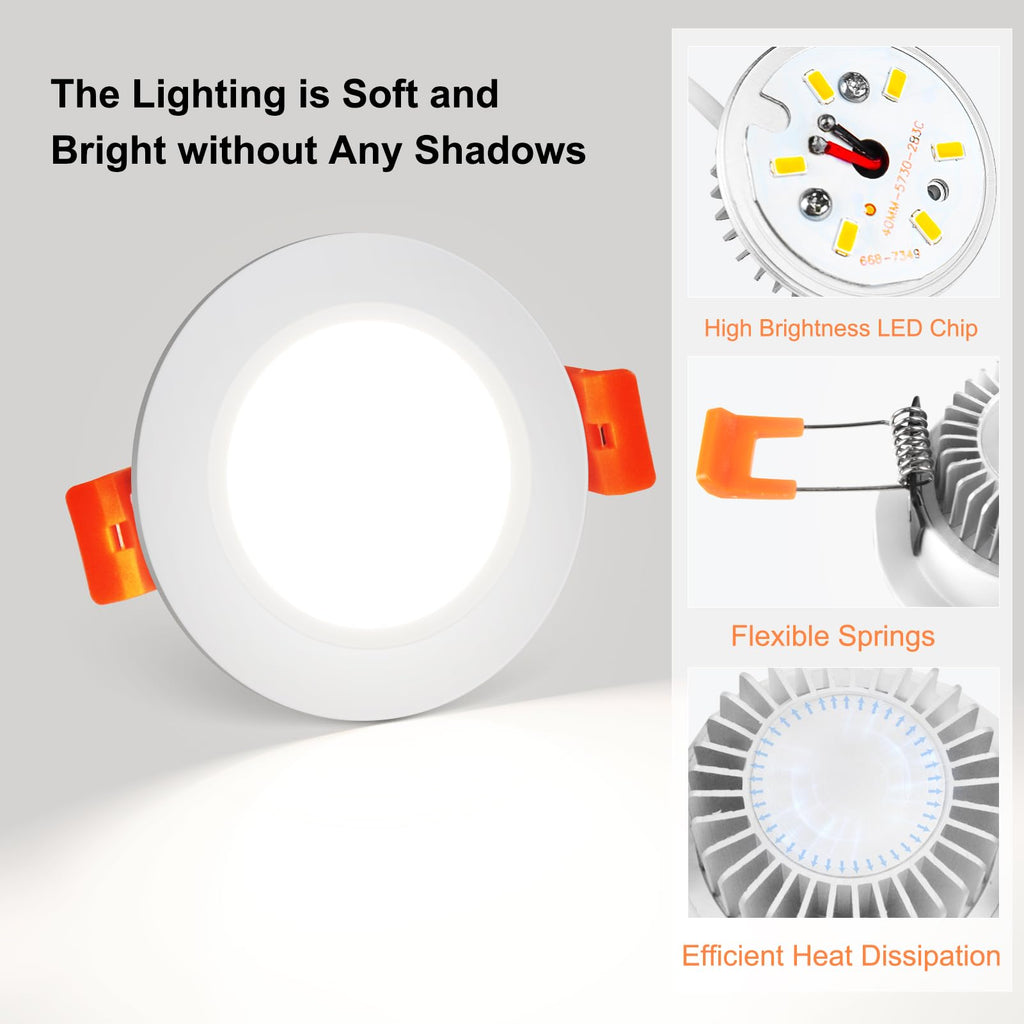 2 Inch LED Recessed Lighting, Dimmable LED Downlight 3W (35W Halogen Equivalent), CRI80, 5000K Daylight White Ceiling