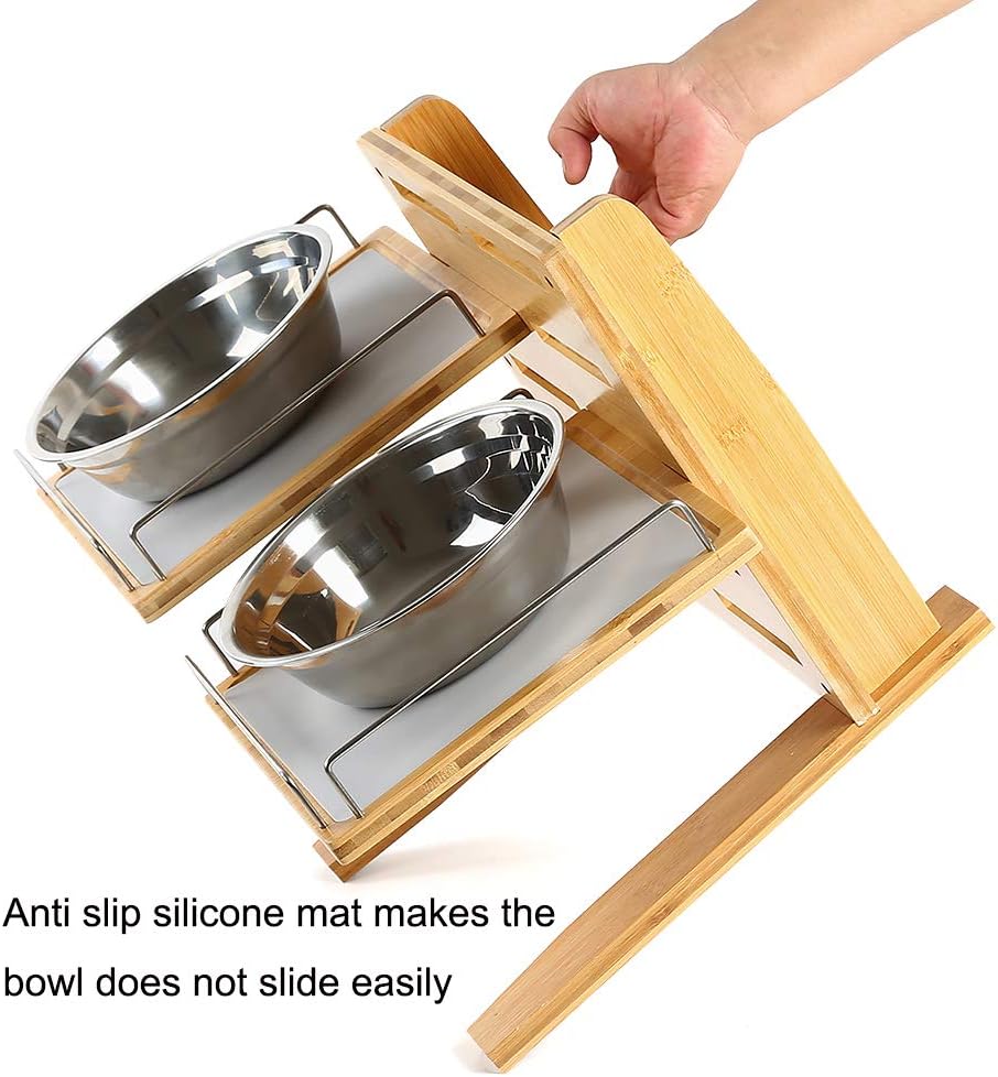 Adjustable Raised Dog Bowls, Bamboo Elevated Feeder Stand with Non-Skid Feet for Food and Water, 5 Level Wooden Pet