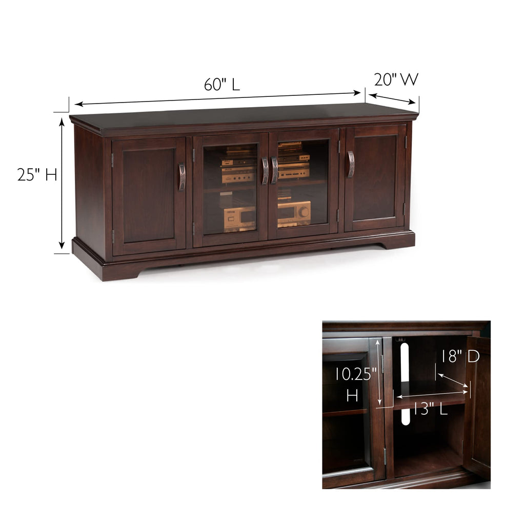 Home 81360 Iverson Three Door TV Stand for 65 Inch TVs, 60 Inch, Chocolate Cherry Brown, Hardwood with Bronze Glass