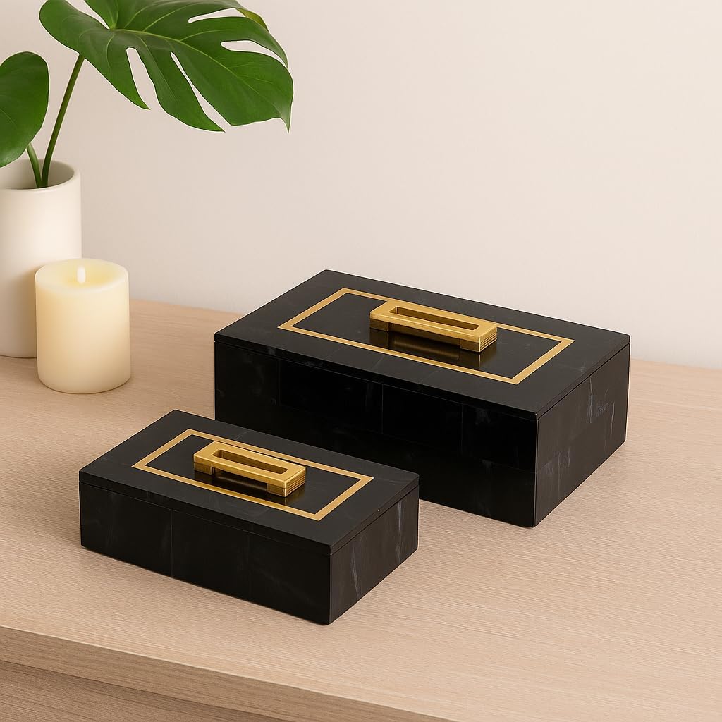 Elegant Decorative Boxes Decor with Lid - Marble Jewelry and Keepsake Boxes with Gold Handle - Bold Home Organizer - Set of 2