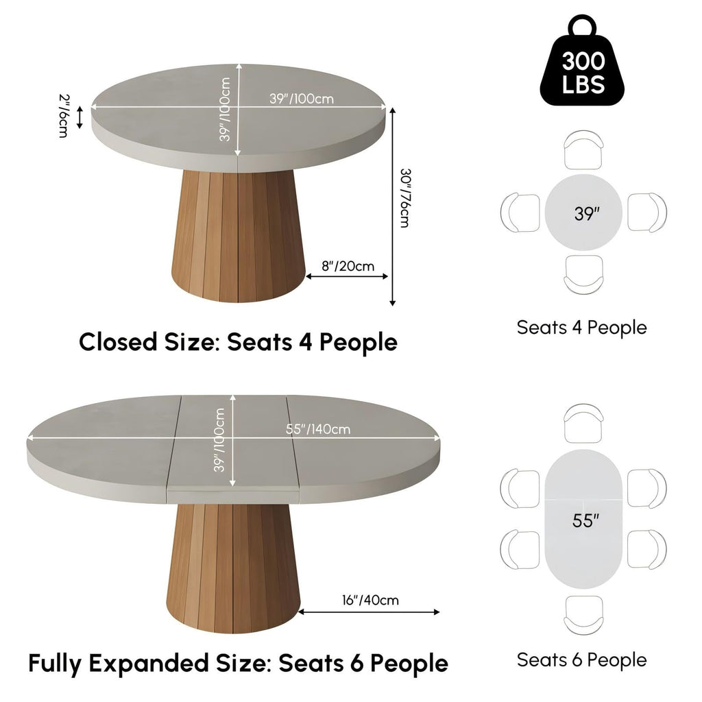 Extendable Dining Table for 6 Round to Oval 39"-55", Solid Wood Kitchen Table for 4-6 People, Space-Saving Design for