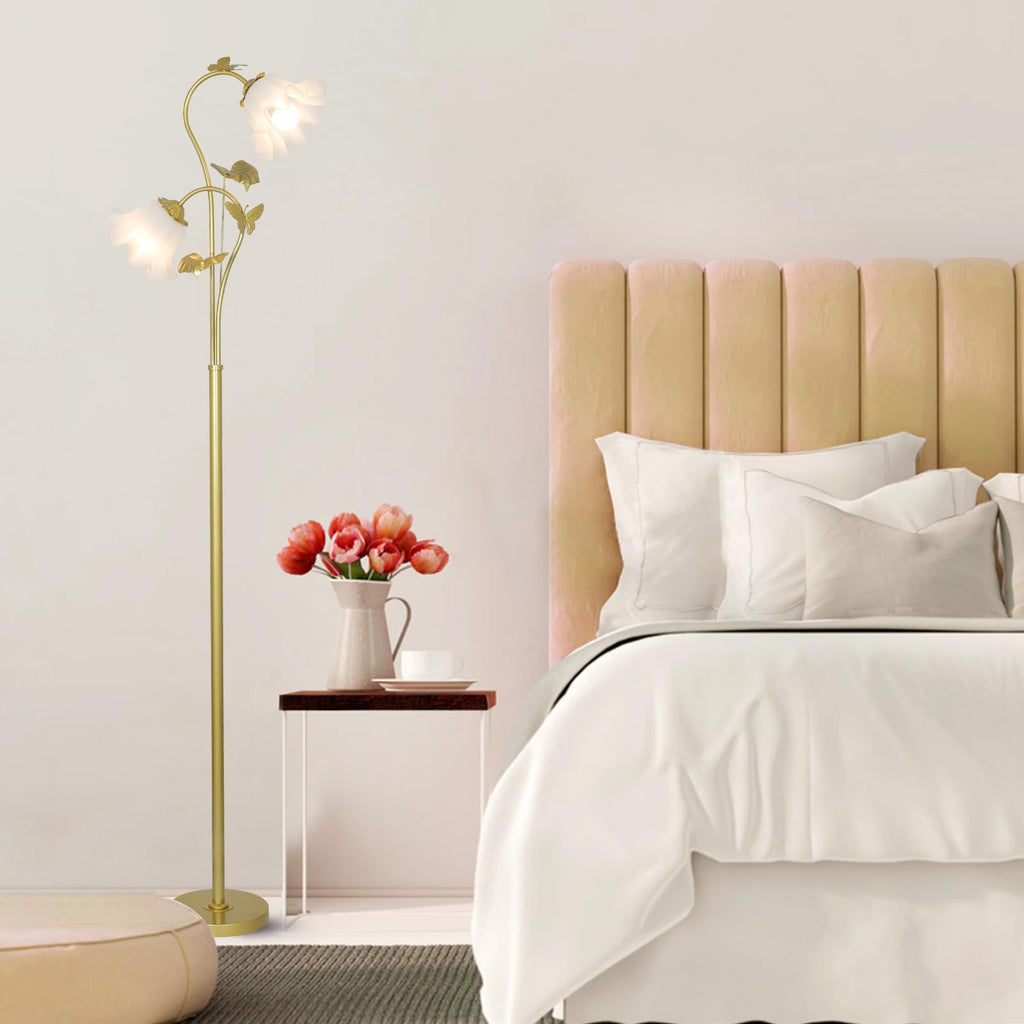 Gold Floor Lamp, Flower Standing Lamp with 2 LED 5W Blubs, Foot Switch, Floral Tall Lamp with Acrylic Shade, Antique