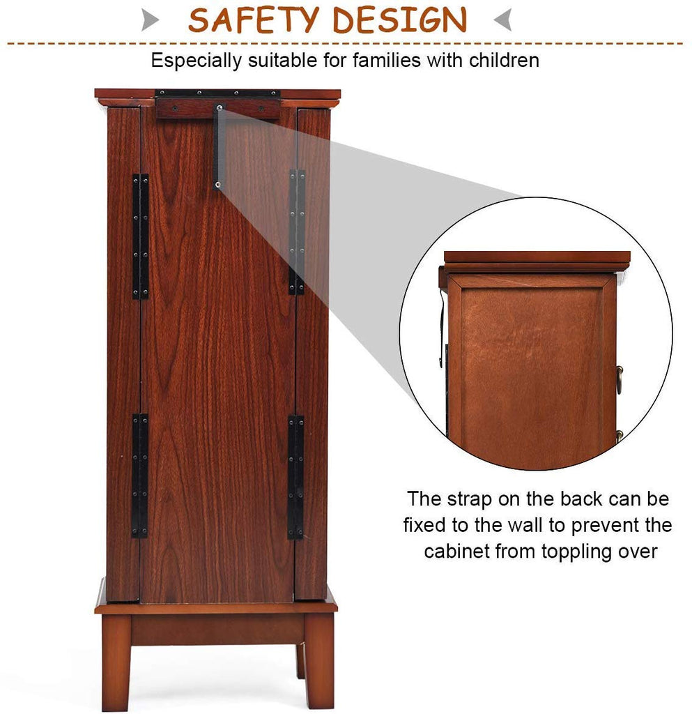 6 Drawers Jewelry Armoire Cabinet, Standing Jewelry Storage Chest with Mirror, 8 Necklace Hooks Wooden Jewelry