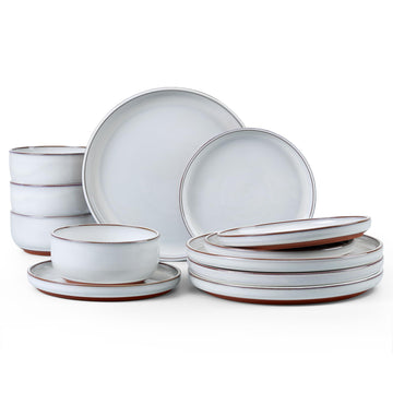Stoneware Dinnerware Sets for 4, 12 Pieces Reactive Glaze Plates and Bowls Sets, Elegant Dishes with Rustic