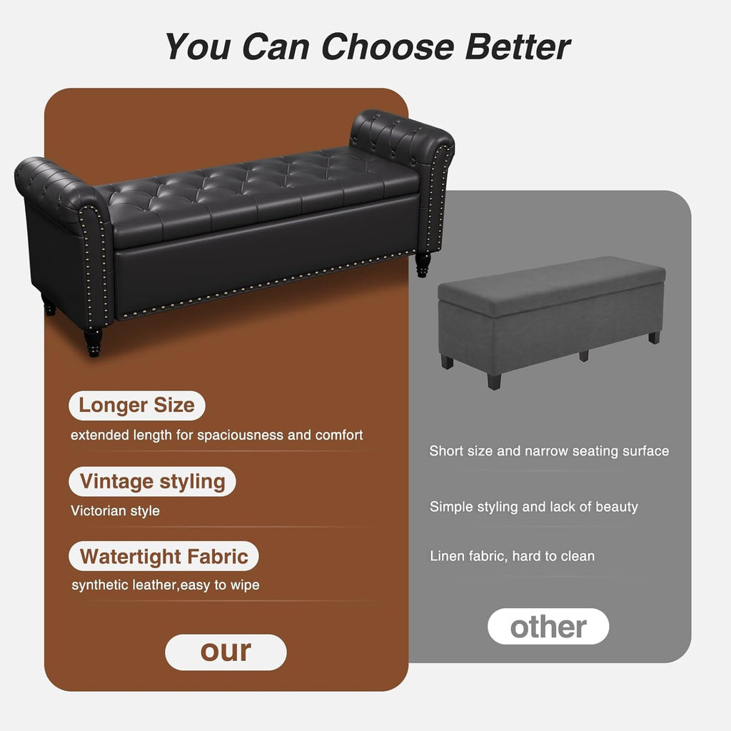 65 Inch Bedroom Bench, End of Bed Bench with Storage, Black | Bed Benches for Foot of Bed, Faux Leather Window Bench